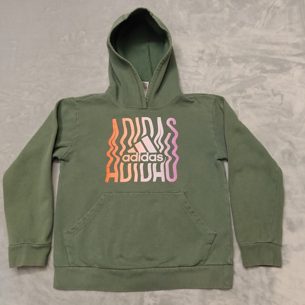 Adidas Hoodie Kids L Green Graphic Logo Pullover Sweatshirt Activewear